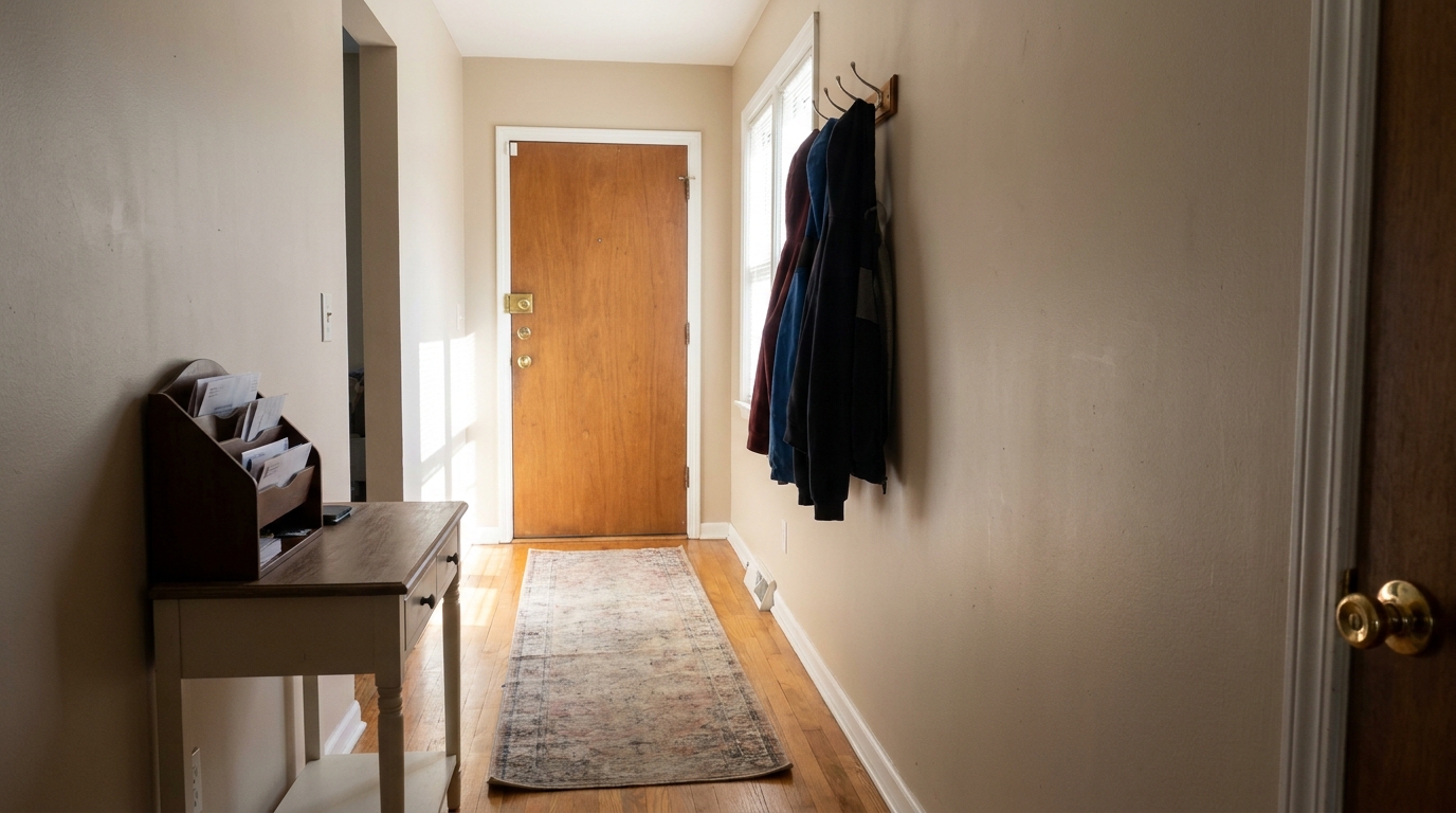 A closed front door seen from inside a hallway.