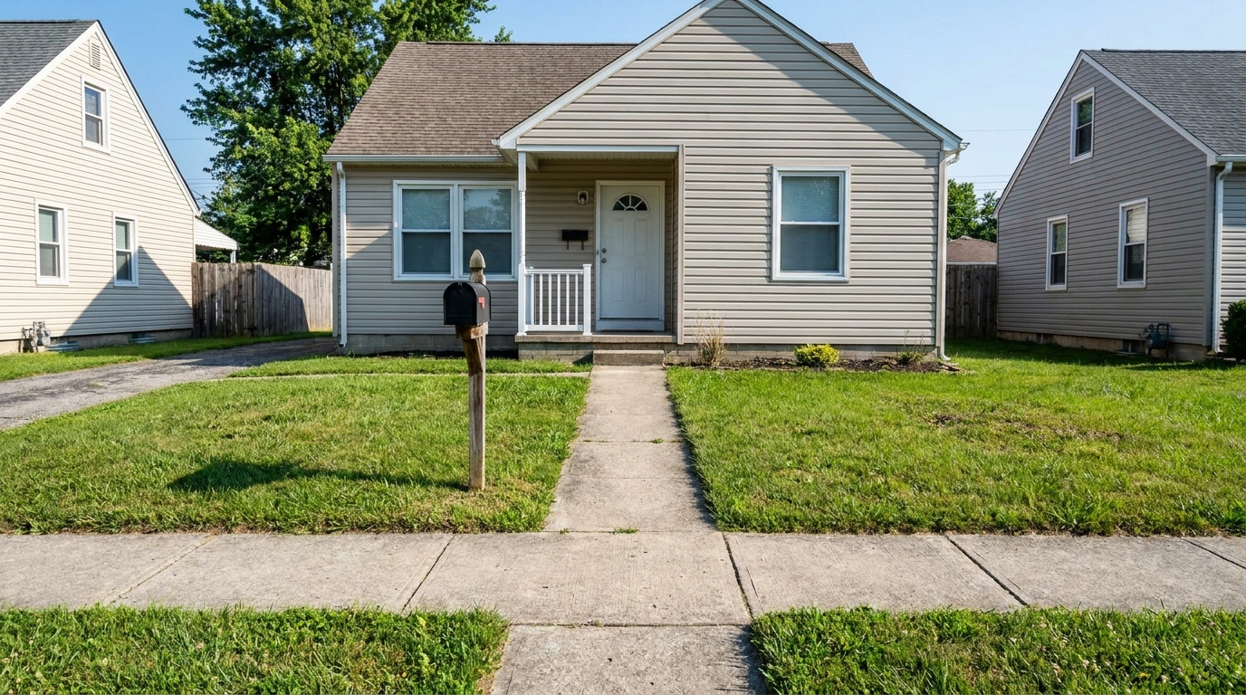 The front door of an ordinary house seen from the pavement.