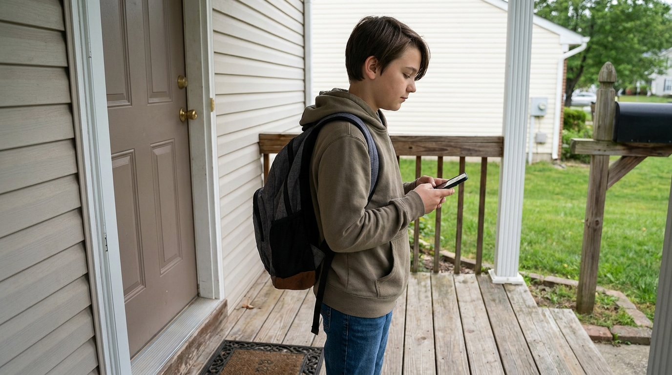 A young teenager on a doorstep with the door closed, holding a phone.