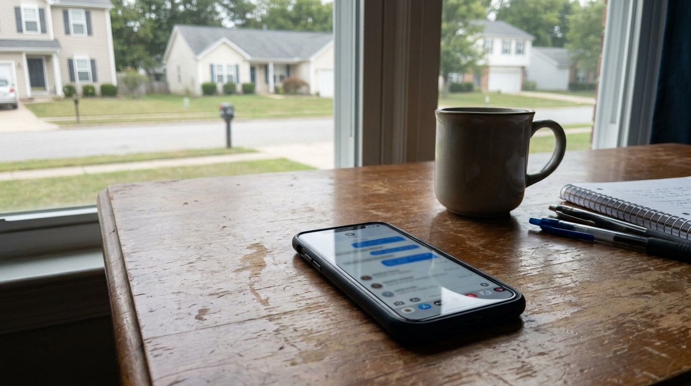 A phone on a desk with a messaging app open, the text unreadable.