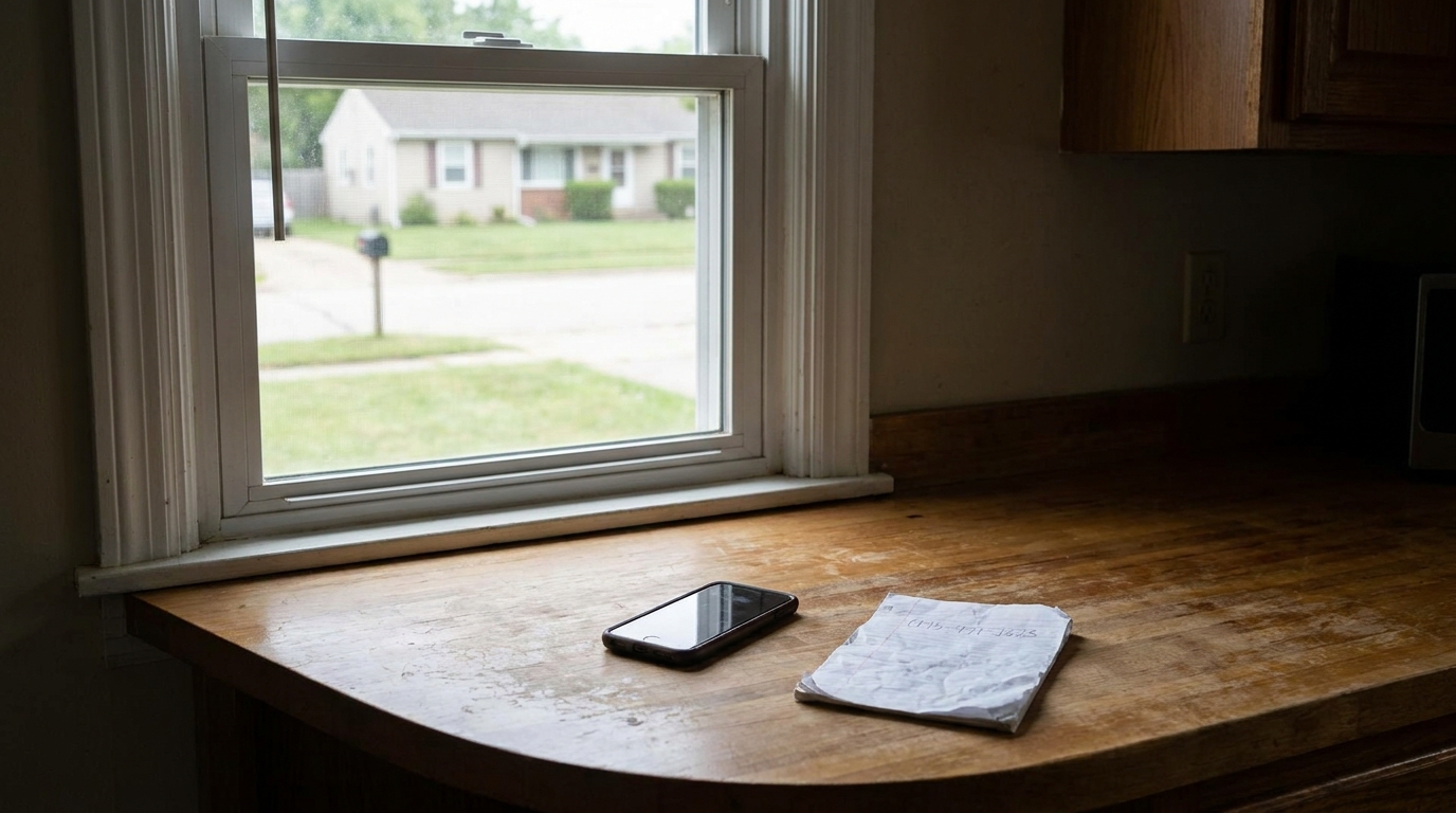 A phone on a counter beside a phone number written on a notepad.