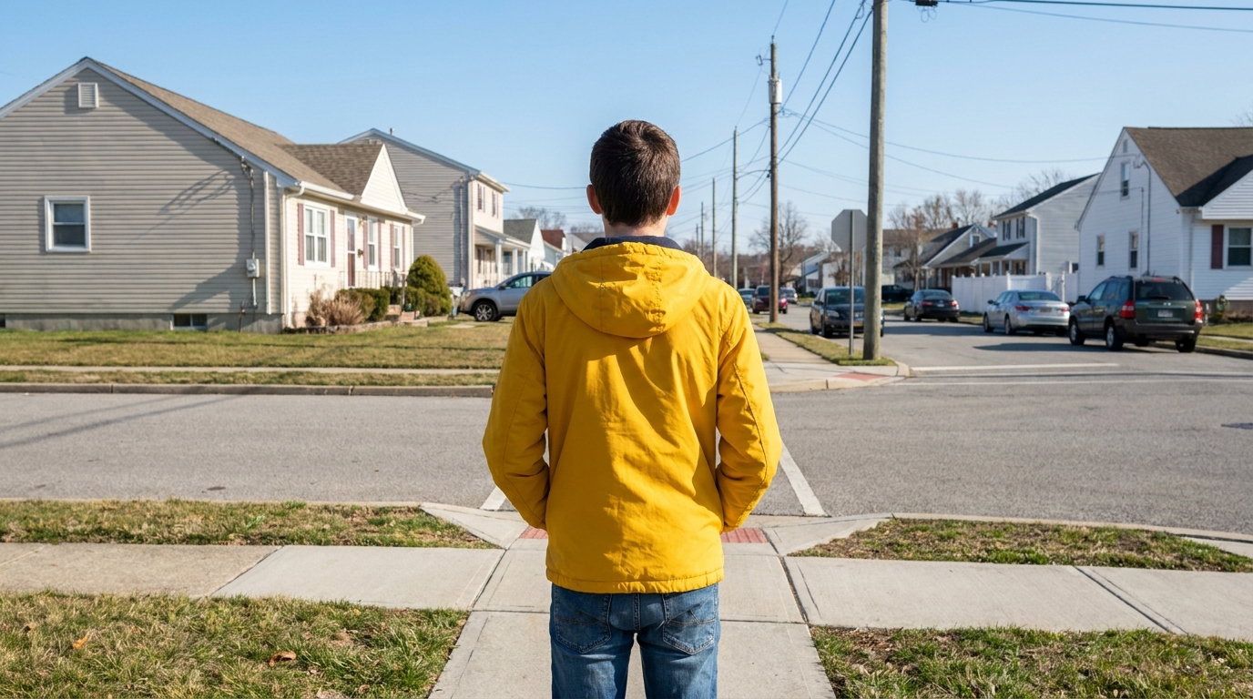 A young teenager in a bright jacket walking along a pavement.
