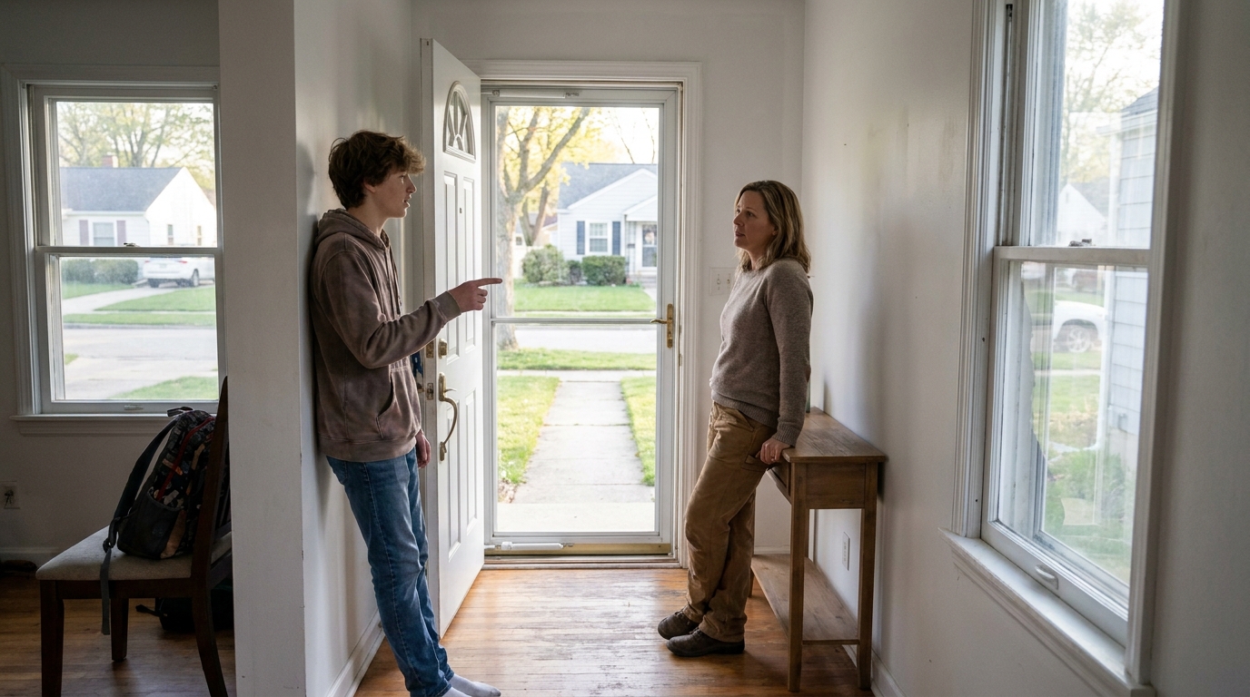 A teenager at an open front door telling an adult where they are going.