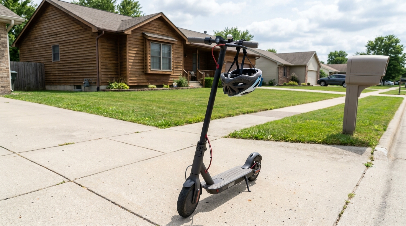 An electric scooter parked on a driveway with a helmet on the bars.