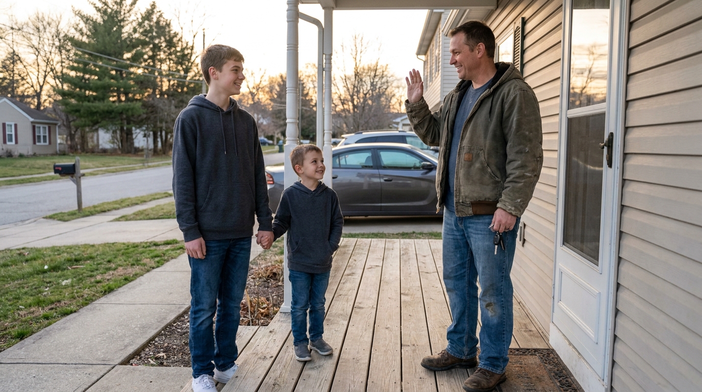 A parent with keys says goodbye while a teenager holds a small child's hand.