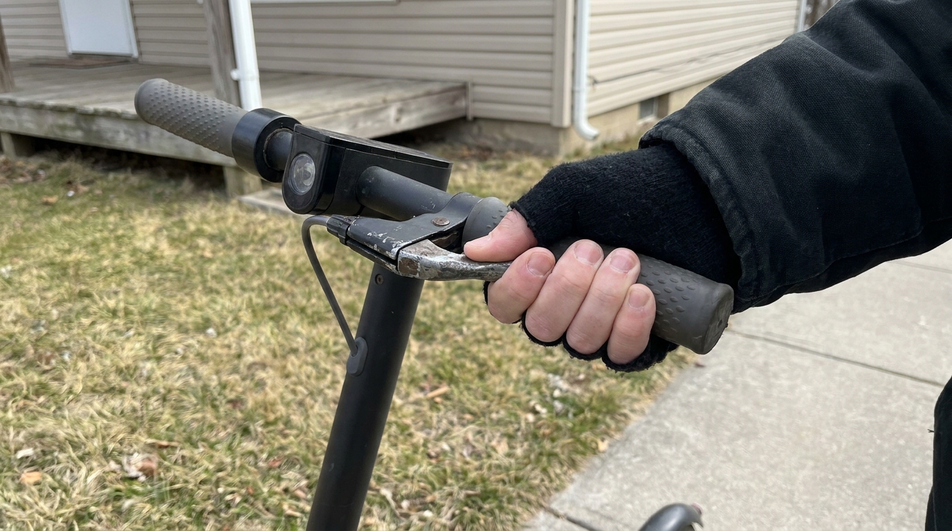 Fingers pulling a brake lever back to the grip on a parked scooter.