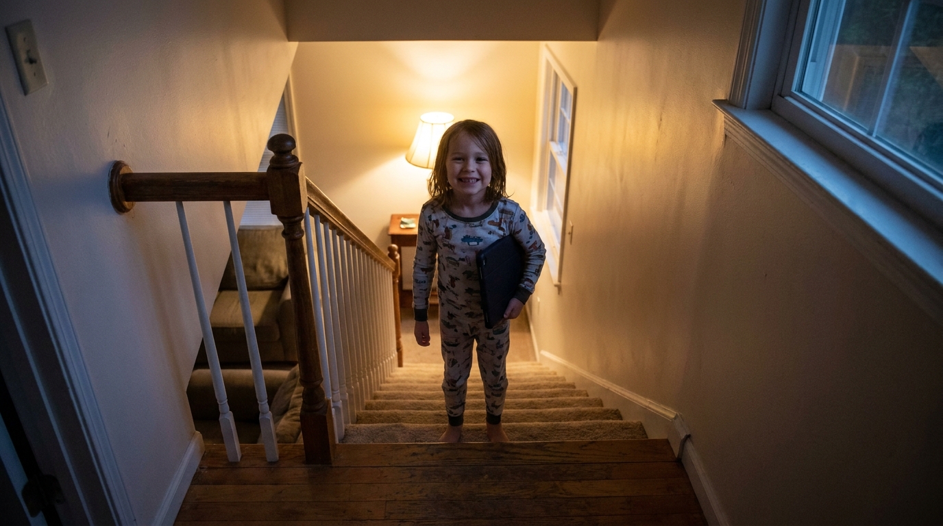 A child in pyjamas at the top of the stairs with a tablet, grinning.