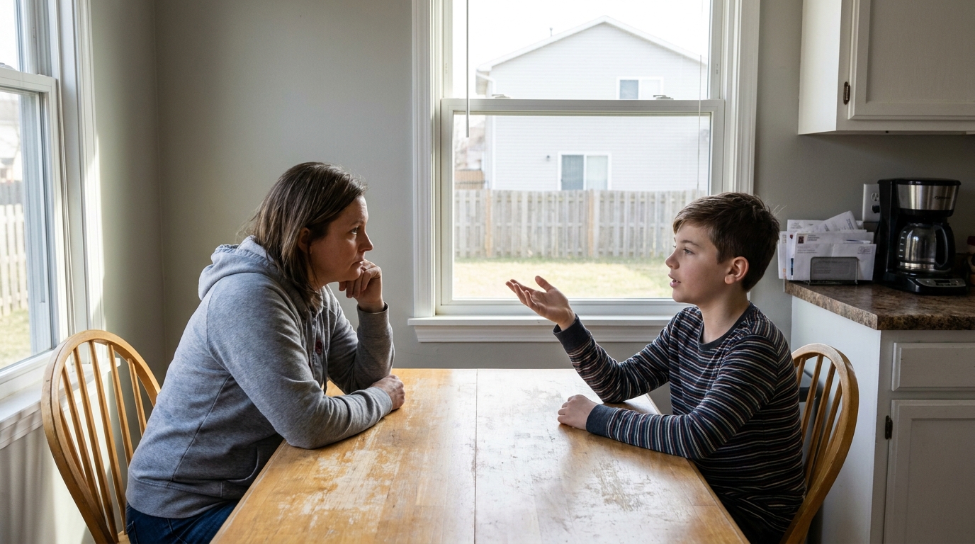 A parent listening across a kitchen table while a teenager talks.