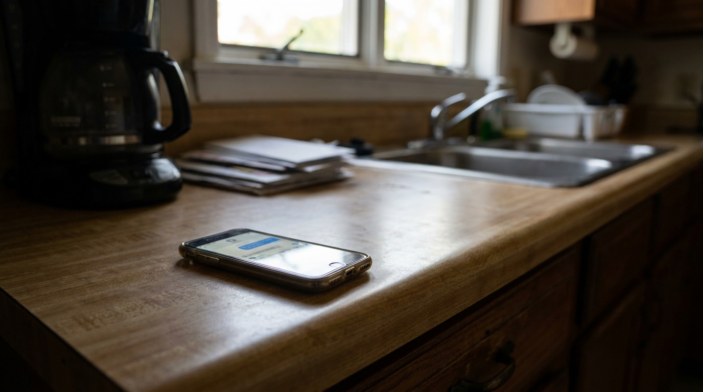A phone on a kitchen counter showing a sent message.