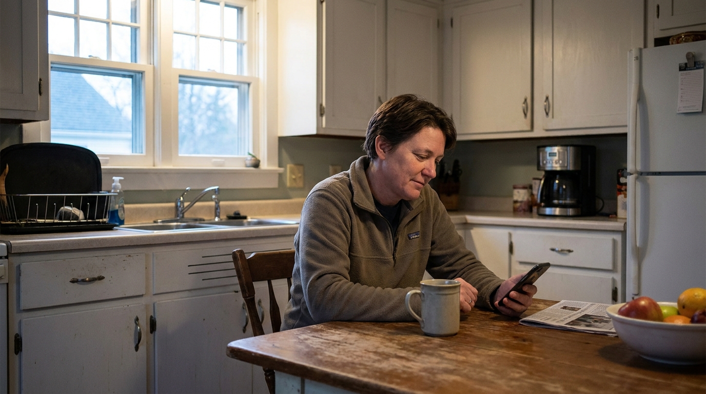 An adult at a kitchen table glancing at their phone.