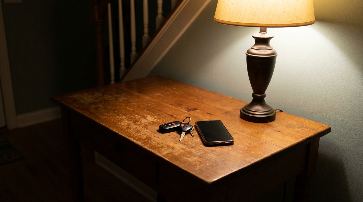 Car keys and a phone on a hall table under a lamp at night.