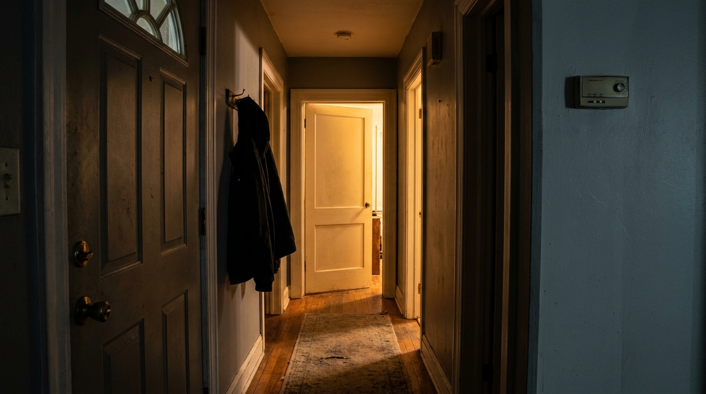 A hallway at night, a coat on a hook, a lit doorway further down.