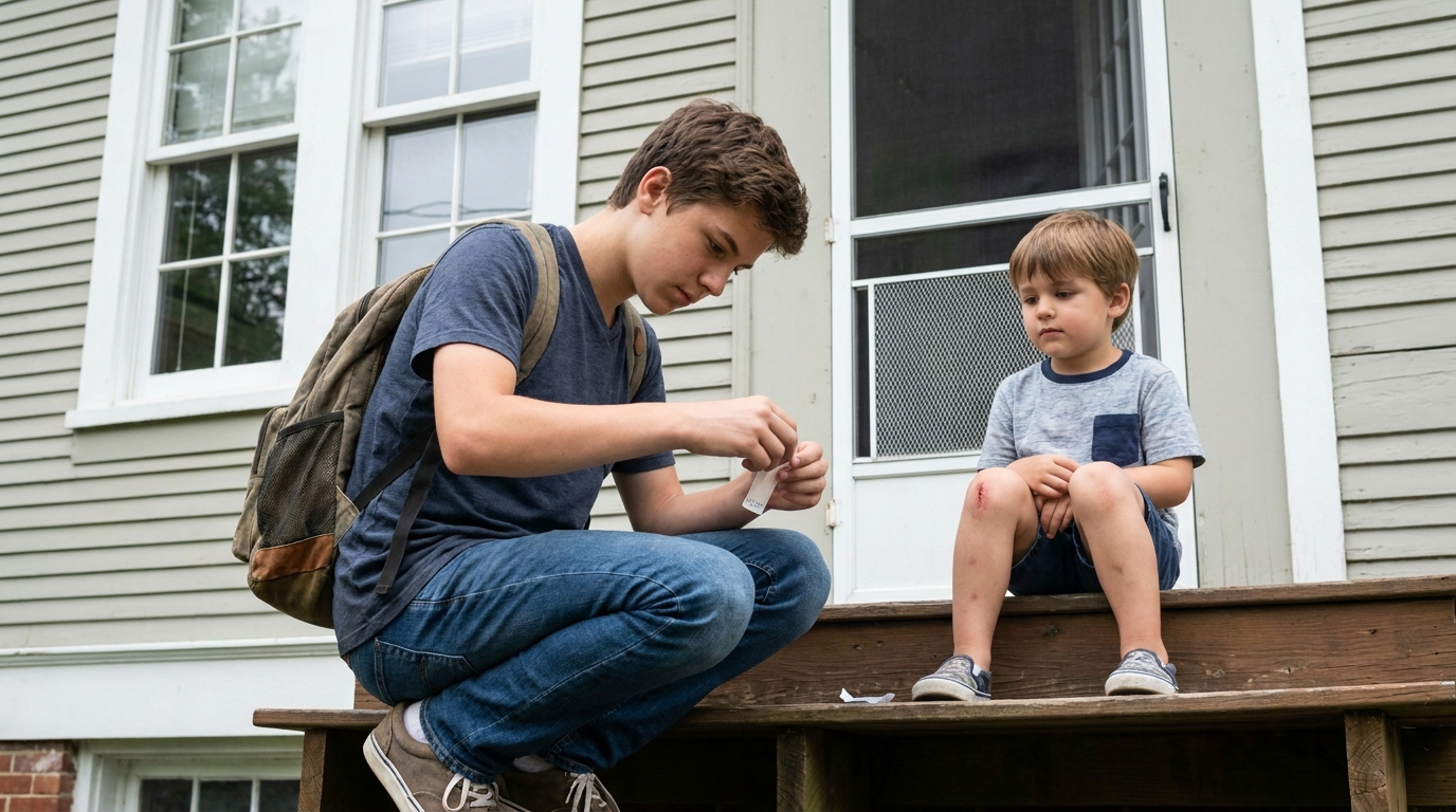 A teenager putting a plaster on a small child’s knee.
