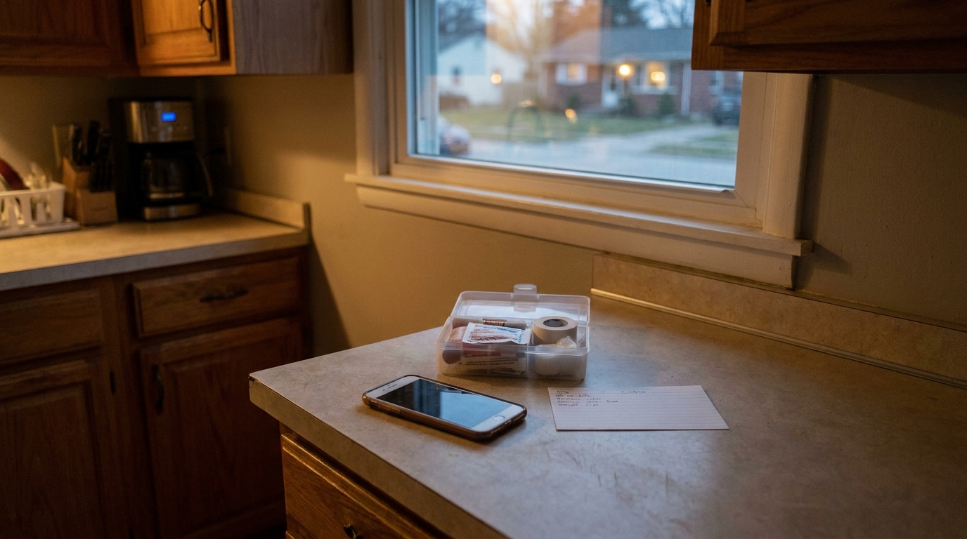 A phone, an open first aid box and a handwritten card on a counter.