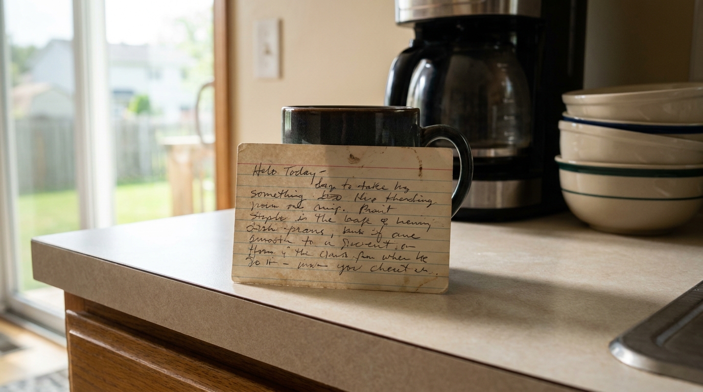 A handwritten card propped against a kettle on a kitchen counter.