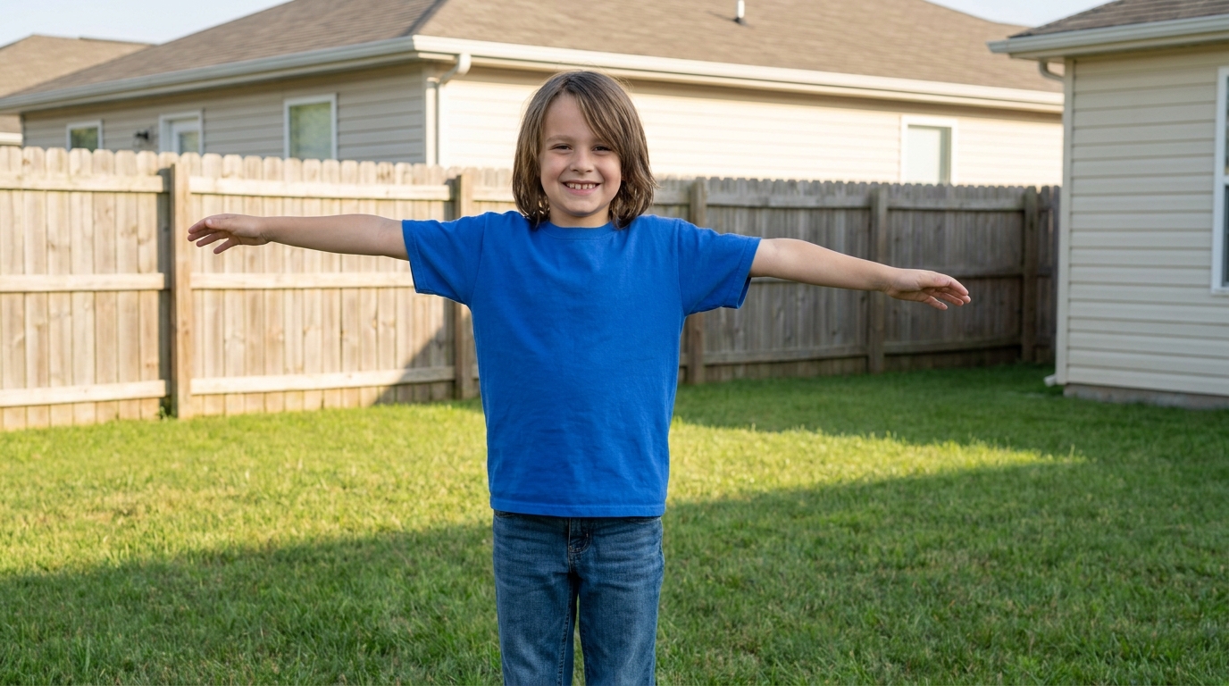 A child standing in a garden with both arms held out to the sides.