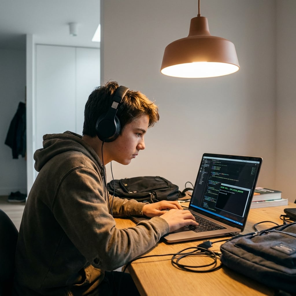Teenager learning cybersecurity on laptop