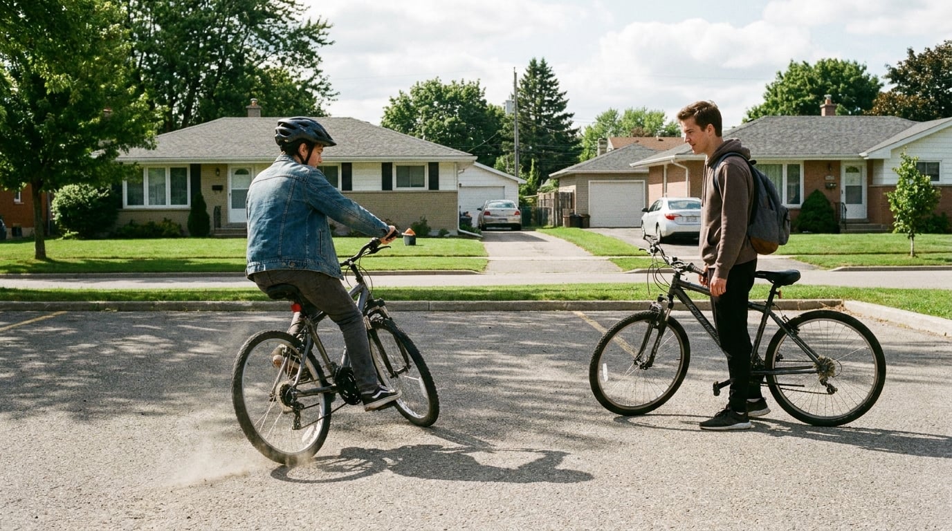 Two riders in a parking lot, one demonstrating a hard stop to a friend who has just got off a new machine.