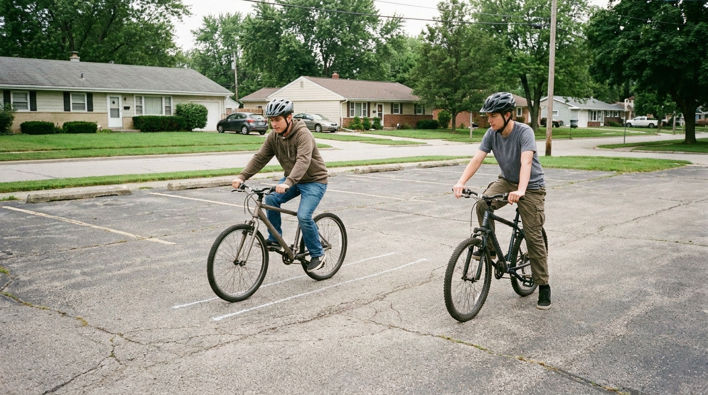 Two riders in an empty parking lot practicing setting off and stopping normally between two chalk lines.