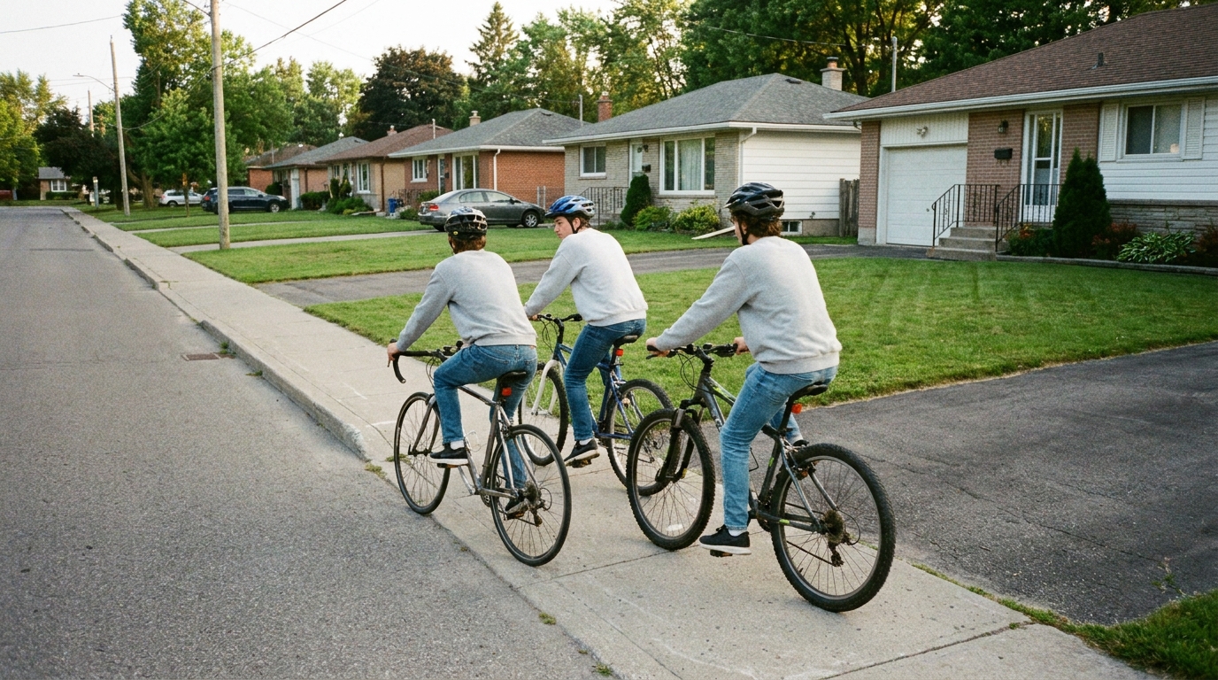Two riders setting off along a sidewalk past shop fronts with a road running alongside.