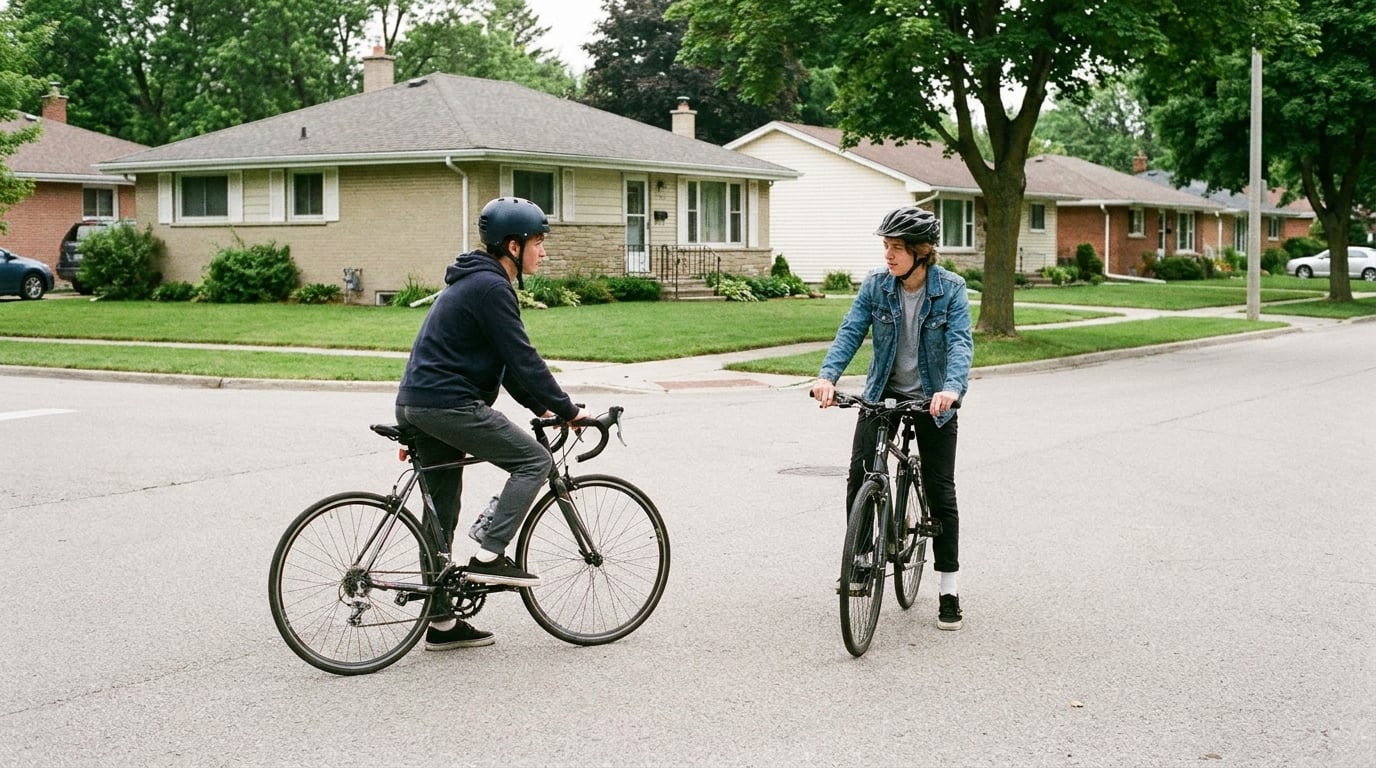 Two teenage riders stopped at the same suburban intersection, one with a foot down, the other still balanced.
