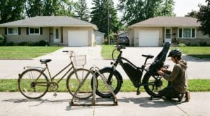 Two very different bikes side by side in a bike rack, one a plain bicycle and one a heavier electric one.