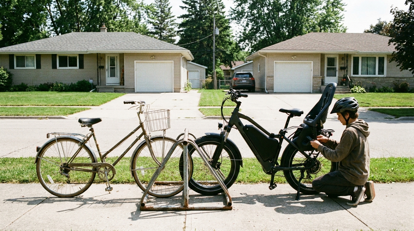 Two very different bikes side by side in a bike rack, one a plain bicycle and one a heavier electric one.