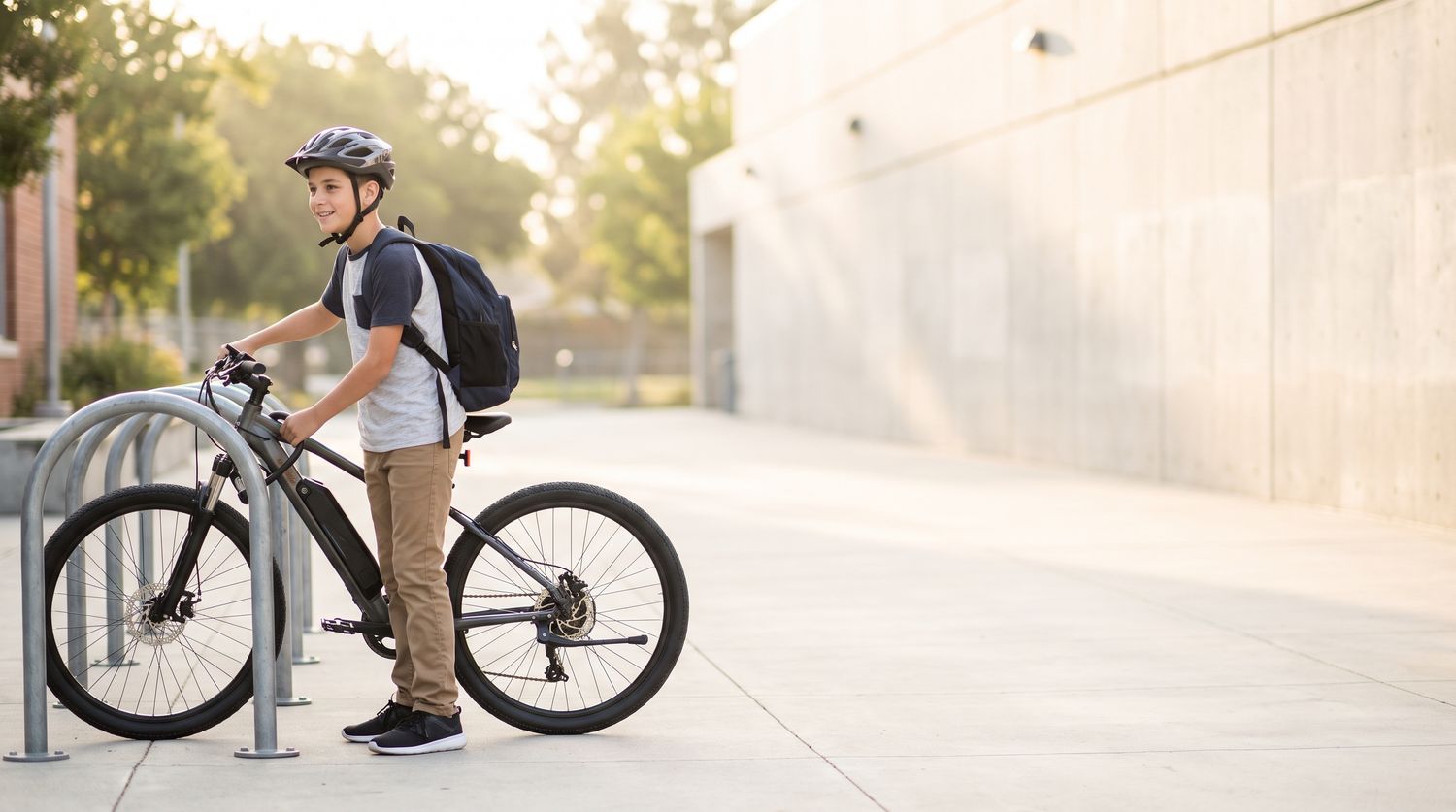 A boy in a helmet locking his e-bike at the school rack