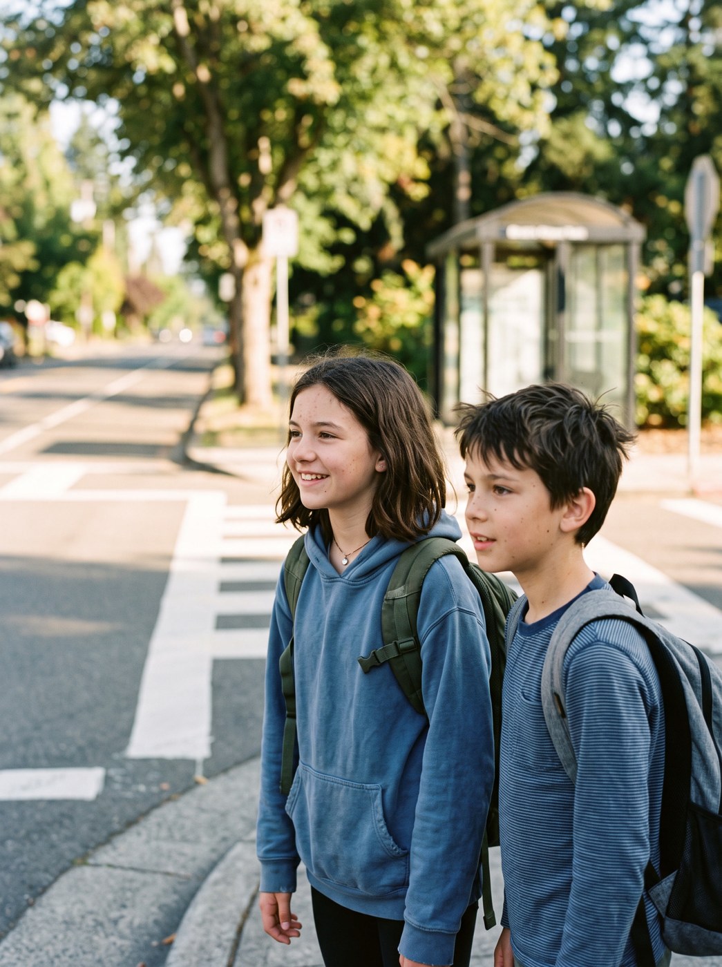 Two children at the curb of a crosswalk, checking the road before stepping out