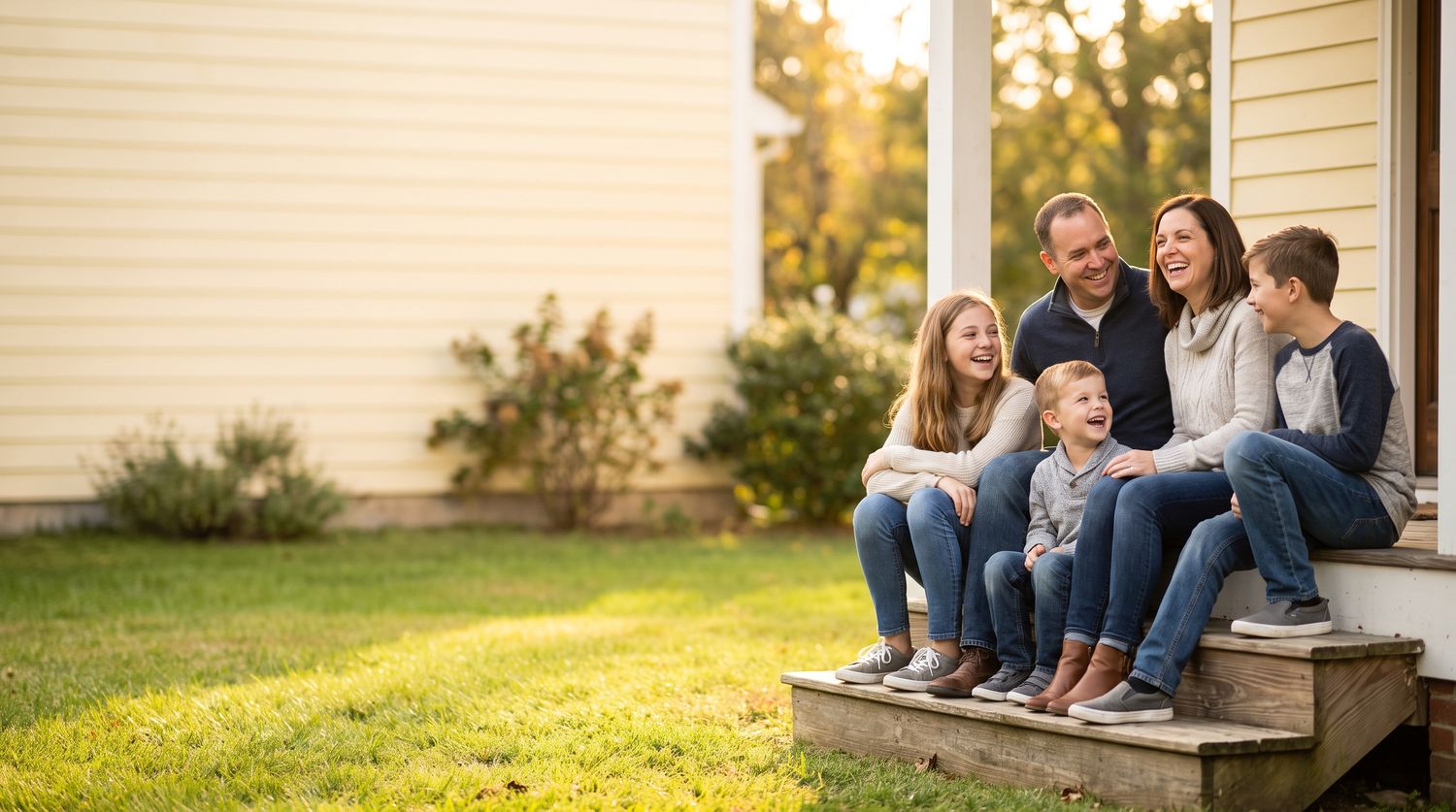 Two parents and three children of different ages laughing together on their front steps
