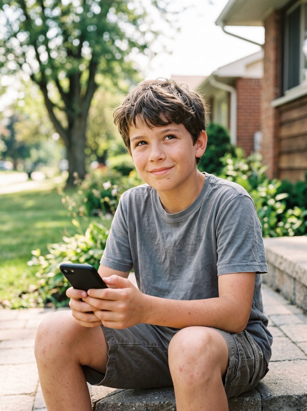 A boy of about eleven on his front steps looking up from his phone