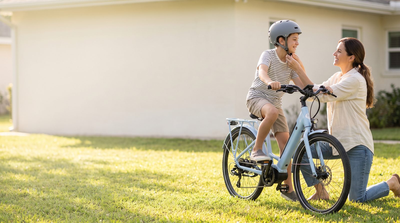 A mother clipping her son's helmet strap beside his e-bike on a sunny lawn