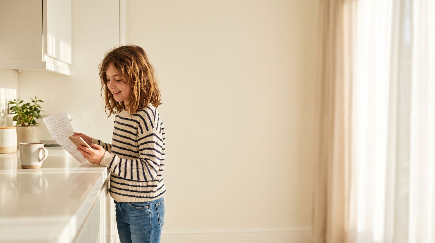 A girl at a sunlit kitchen counter, home on her own, reading a note