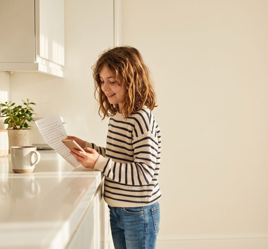 A girl at a sunlit kitchen counter, home on her own, reading a note