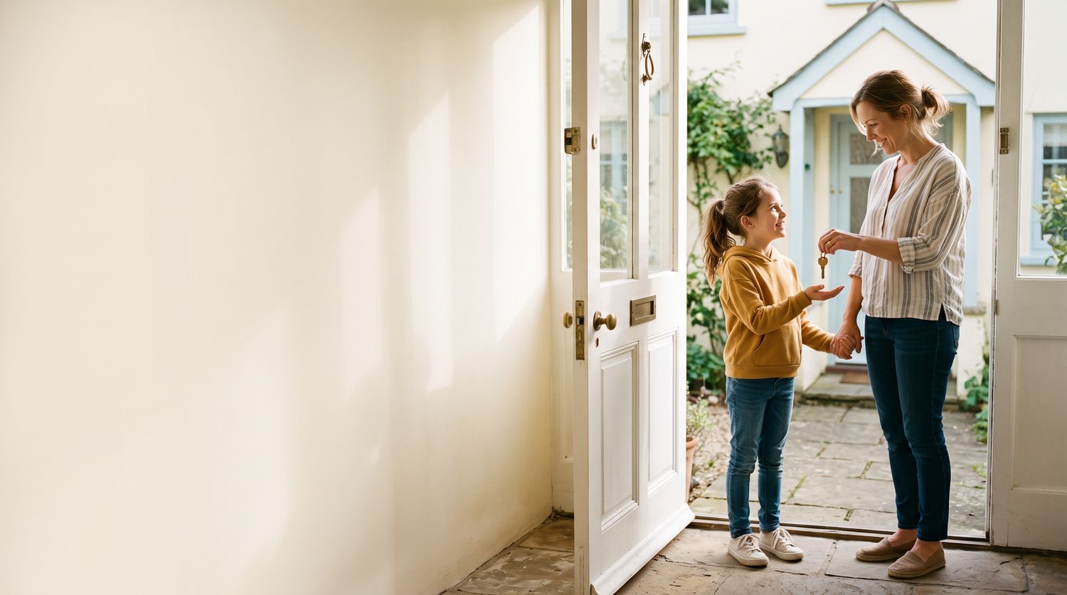 A mother placing a house key into her daughter's hand at the front door