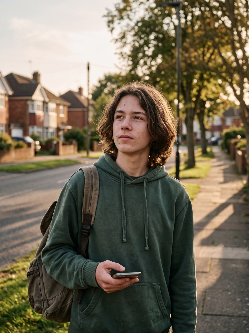 A teenager walking alone along a suburban sidewalk in the evening light
