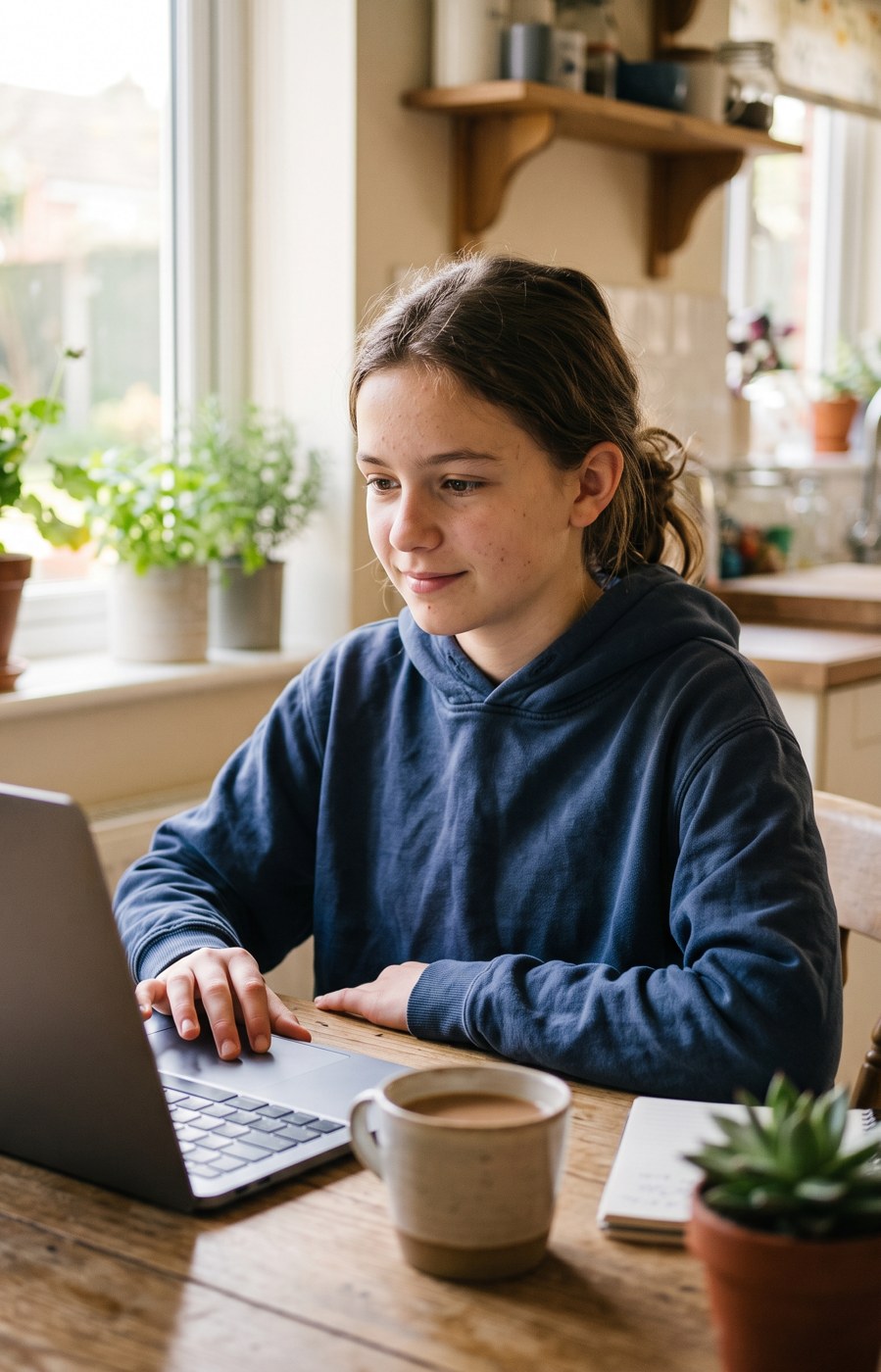A girl of about thirteen at a sunlit kitchen table working on a laptop