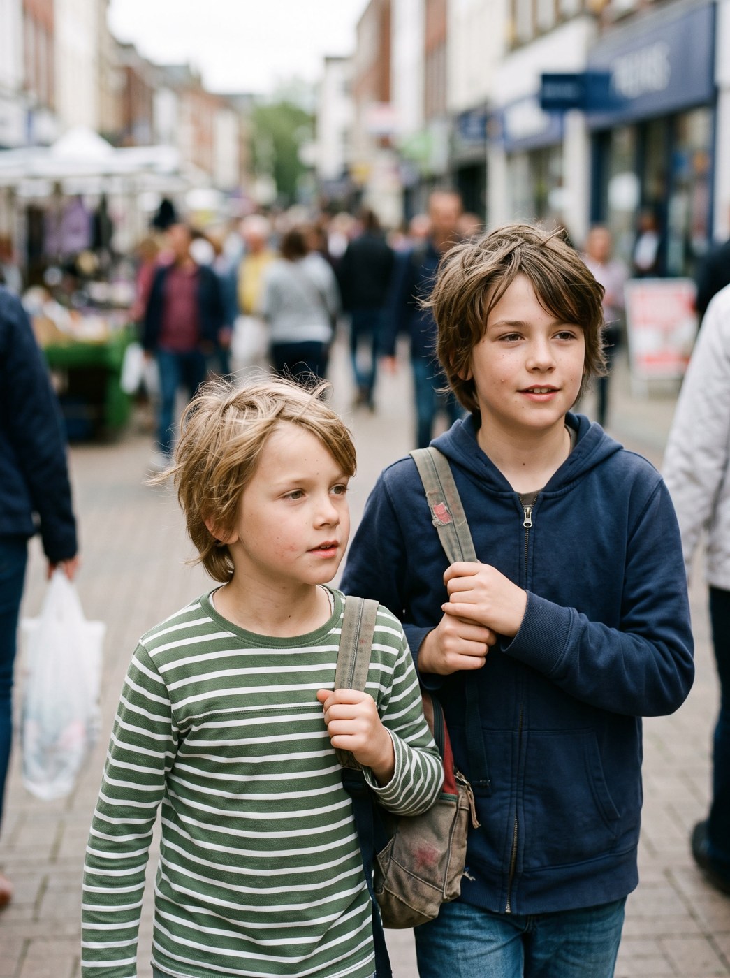 Two children walking together through a busy shopping street