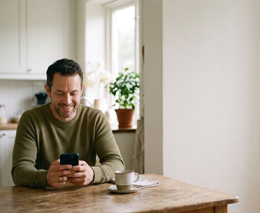 A father at a sunlit kitchen table checking his phone, at ease