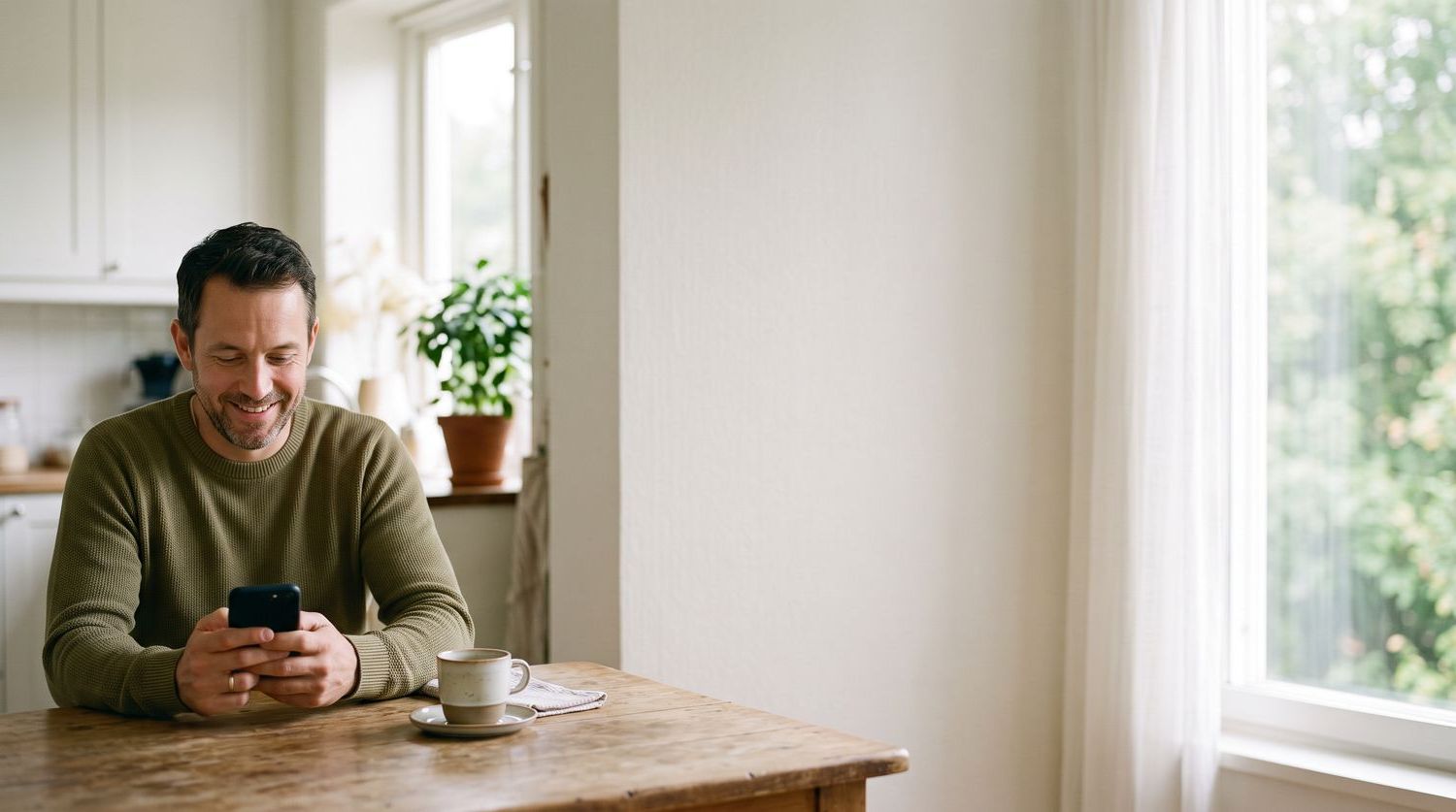 A father at a sunlit kitchen table checking his phone, at ease