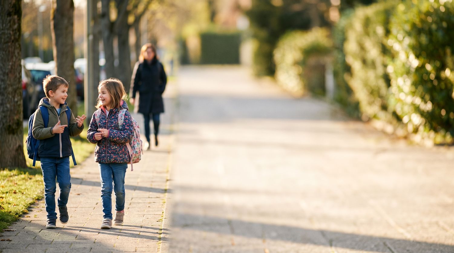 Two young children walking to school together along a sunny sidewalk