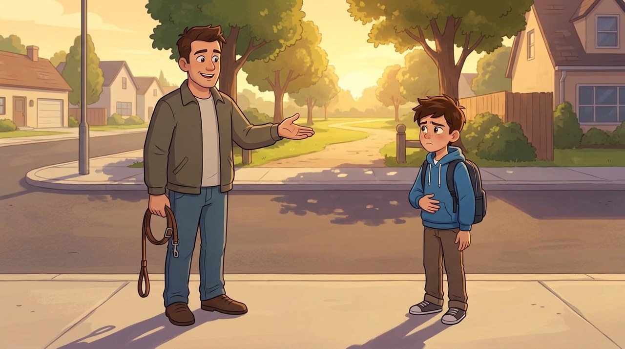 A friendly man on a suburban pavement holding an empty dog leash, gesturing toward a park, while Brandon hesitates a few steps away