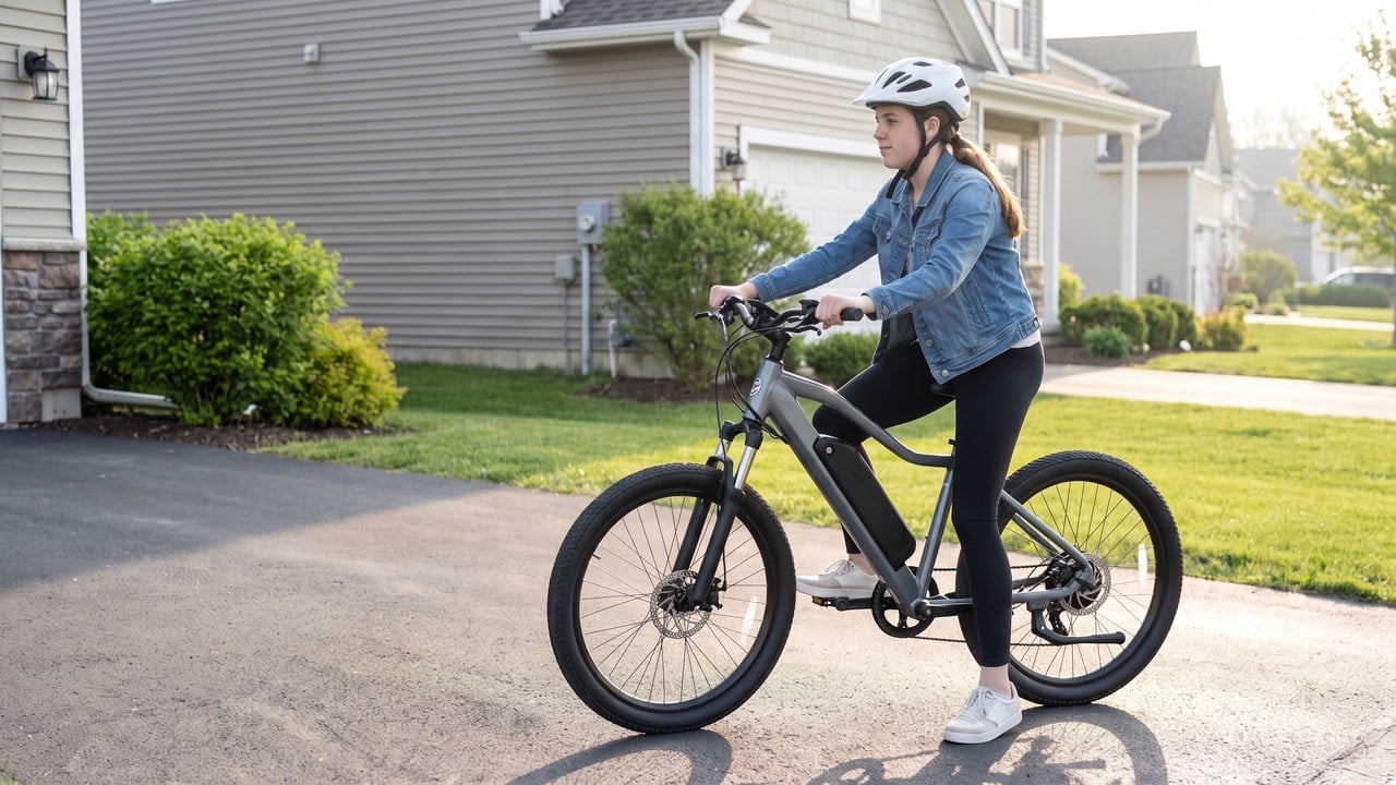 A rider seated on an e-bike with both feet on the ground and the cranks still.