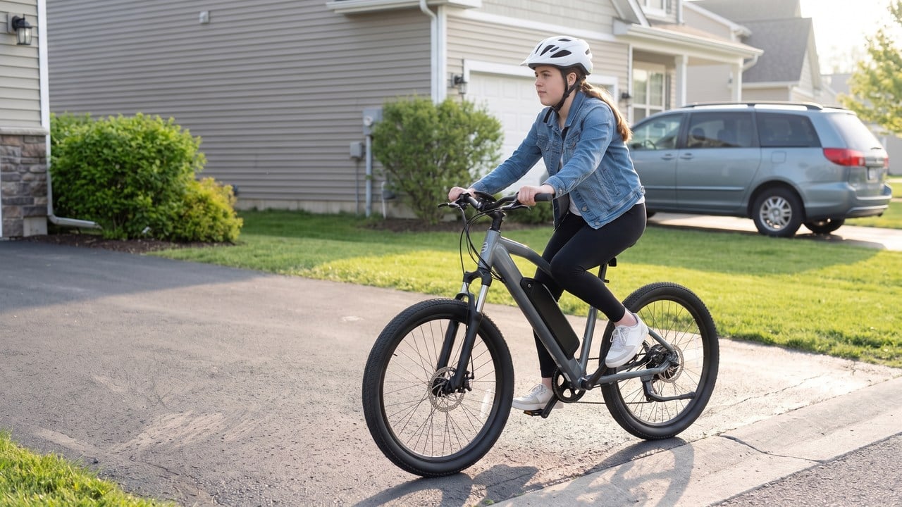 An e-bike rolling forward at walking pace beside a kerb, rider upright.