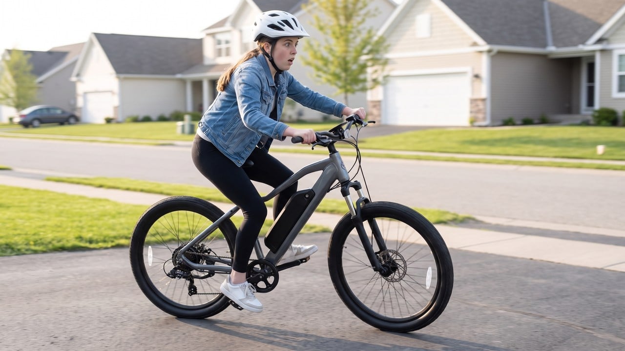 An e-bike lurching forward from a standstill with the rider's second foot still off the pedal.