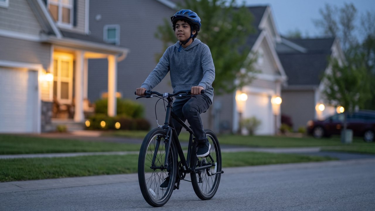 Helmet on, setting off down a street he knows, shoulders low