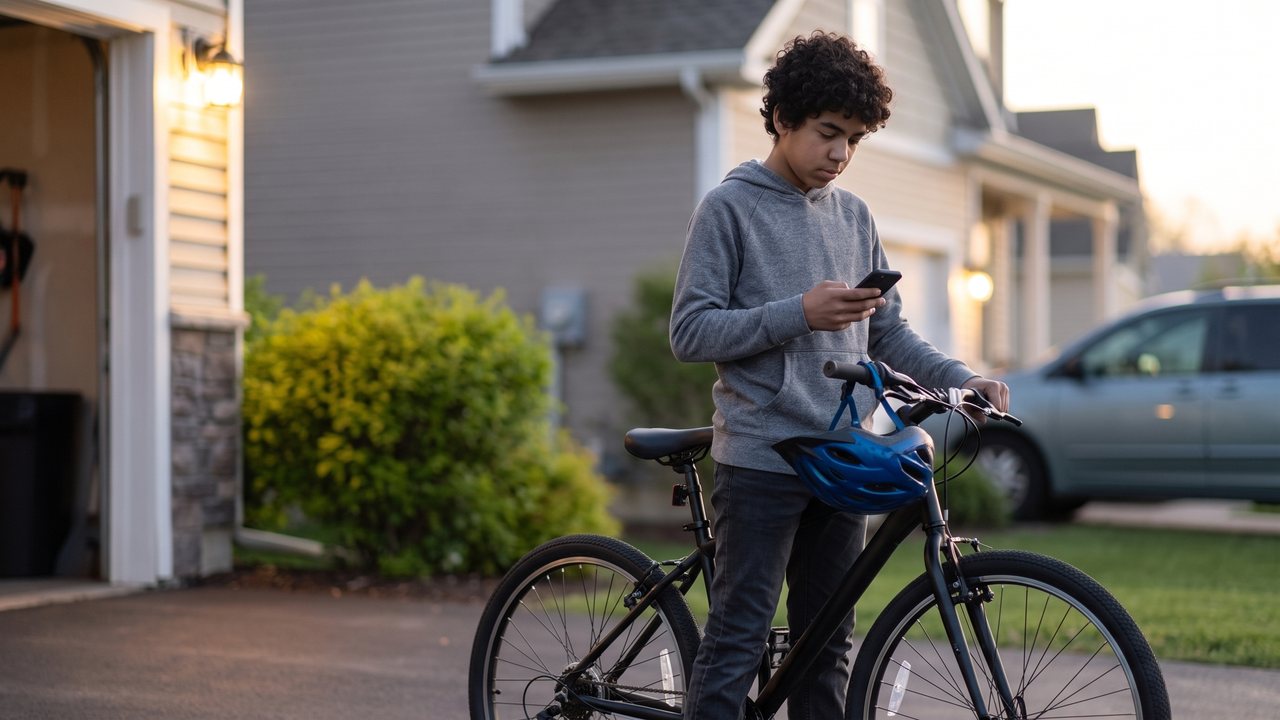 A rider standing beside a machine in a driveway, helmet still hooked on the bars, phone out to message somebody.