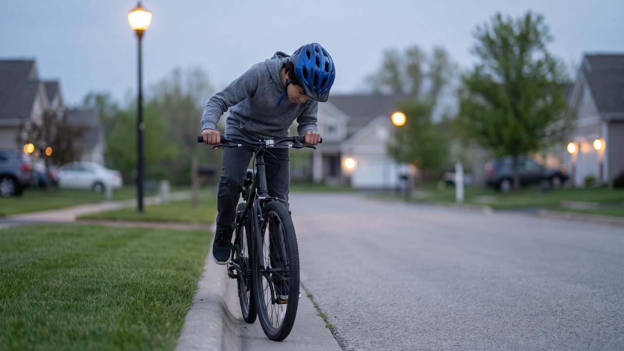 Helmet on, riding slowly by the curb with his head down
