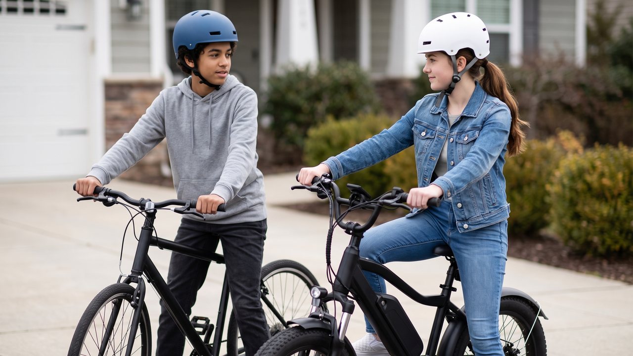 The same rider from the side twice: once with the helmet level and low on the forehead, once with it pushed back so the whole forehead is bare and the strap is slack.