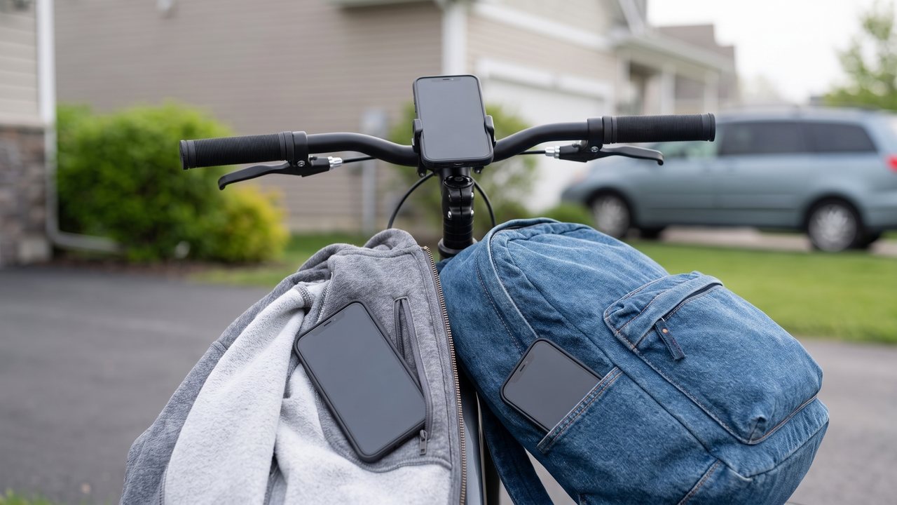 A phone clipped to a handlebar mount, a phone lying on a folded jacket and a phone in a backpack pocket. Nobody is in this picture.